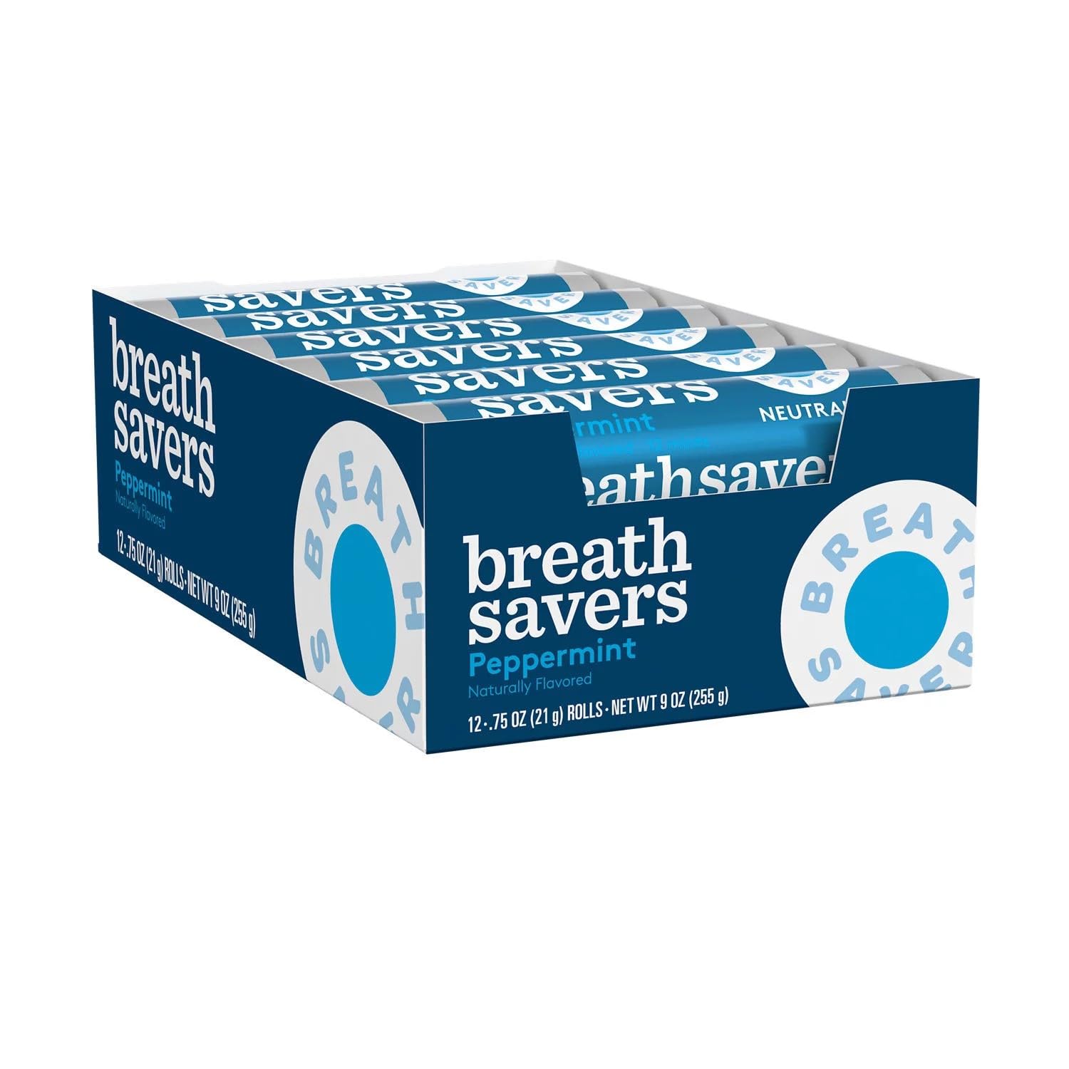 Breath Savers Peppermint rolled mints 12-piece roll for on-the-go freshness.