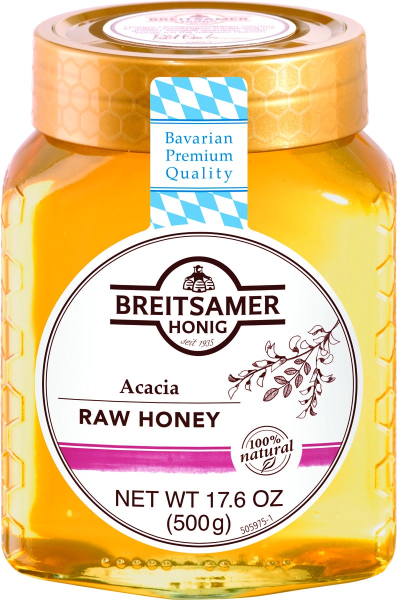 Breitsamer Acacia Raw Honey jar close-up—smooth pour for tea and toast.
