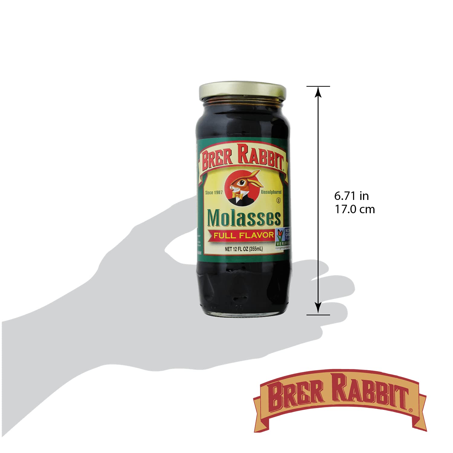 Brer Rabbit Molasses jar close-up shows dark color and premium depth.