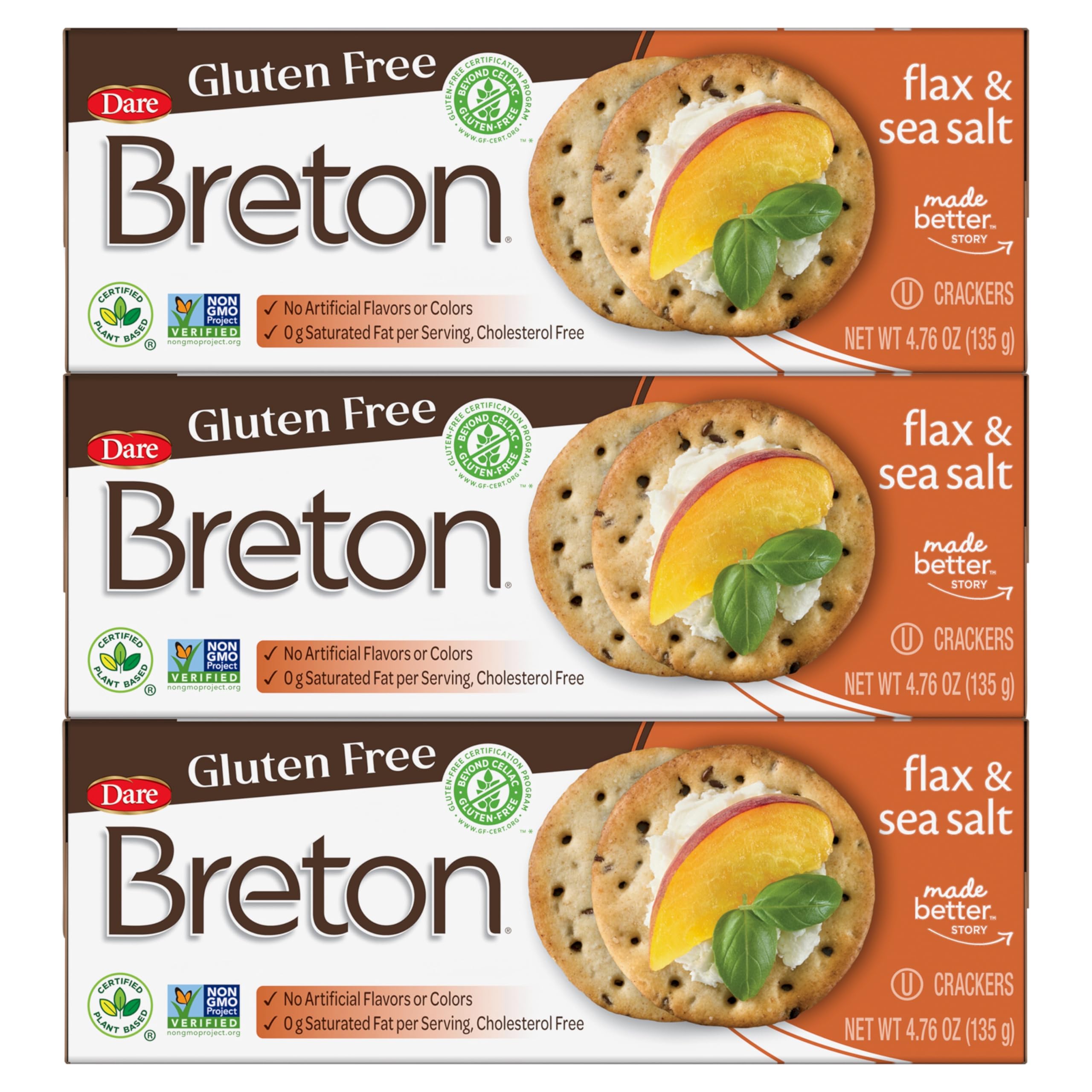 Breton gluten free flax sea salt crackers, front view for snacking.