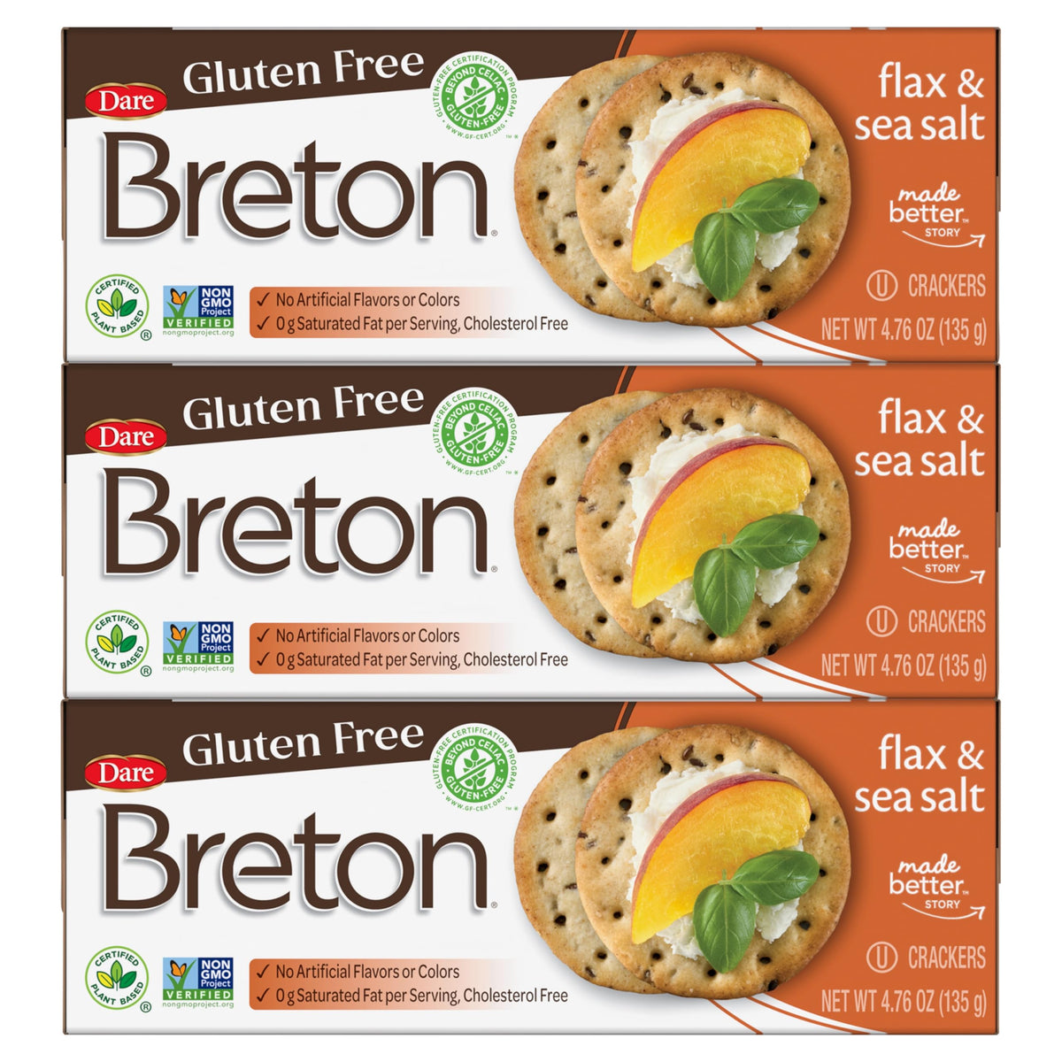 Breton gluten free flax sea salt crackers, front view for snacking.