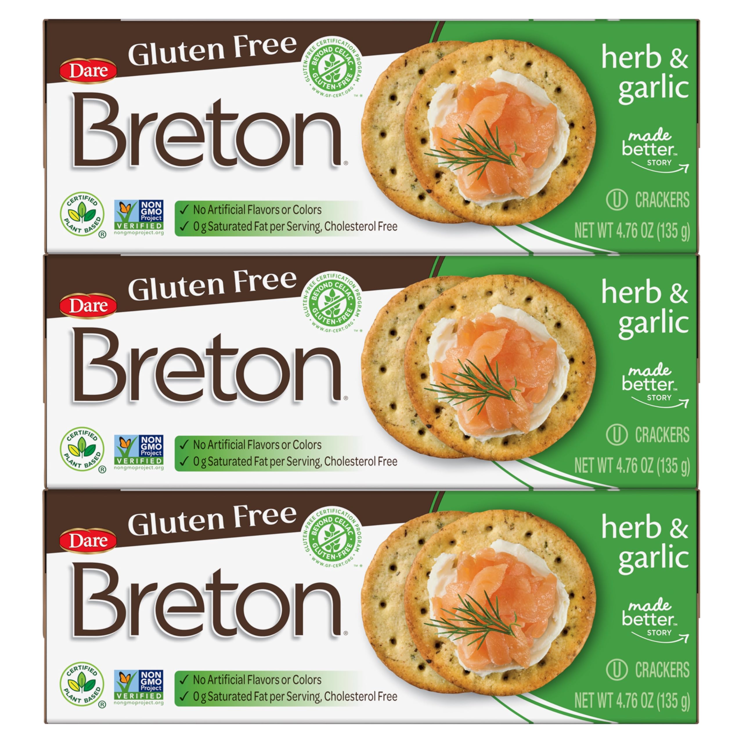 Breton gluten-free herb & garlic crackers box front, ideal for quick snacking.