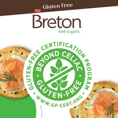 Breton gluten-free herb & garlic crackers 3-pack with USA origin badge visible.