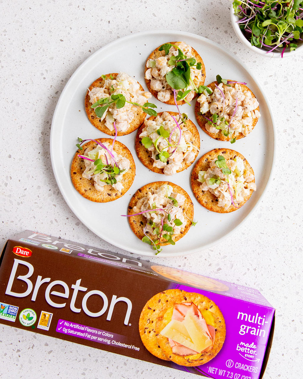 Breton Multigrain Crackers ingredients closeup—non-GMO and plant-based.