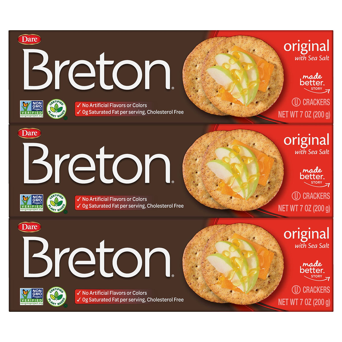 Breton Original Crackers 3-pack on display, convenient family snack option