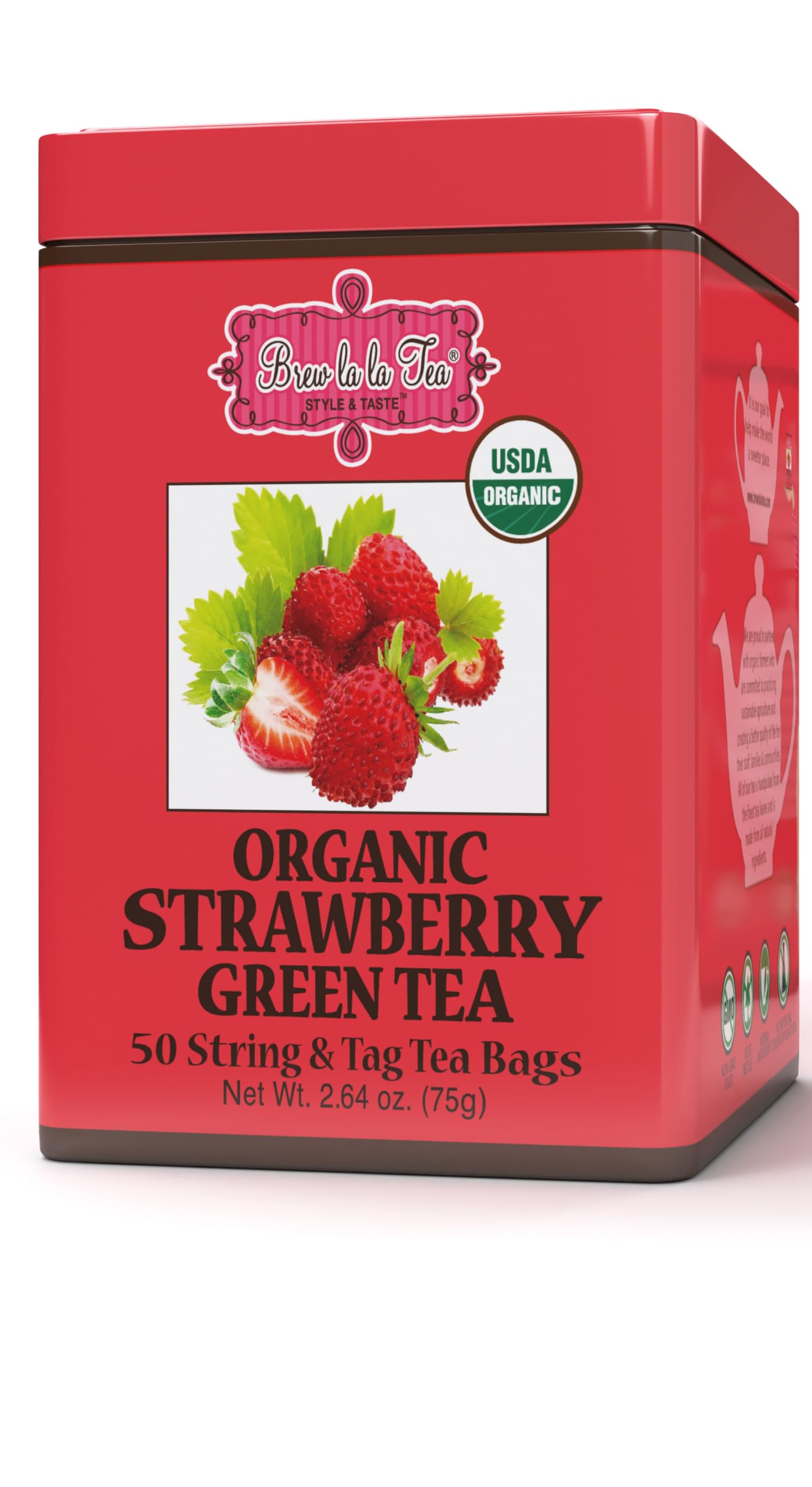 Brew La La Organic Green Tea strawberry tin shows premium packaging and flavor
