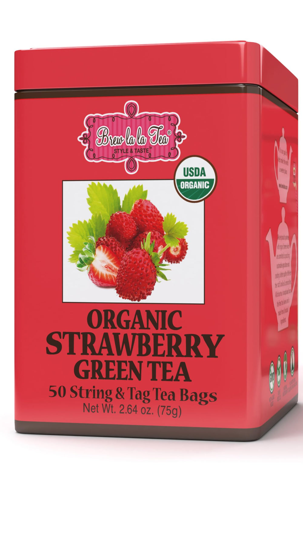 Brew La La Organic Green Tea strawberry tin shows premium packaging and flavor