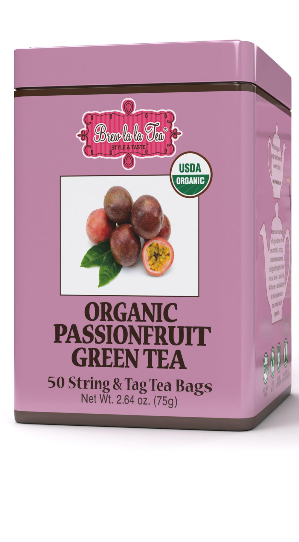 Brew La La Passionfruit Green Tea tin with 50 bags for daily refreshment.