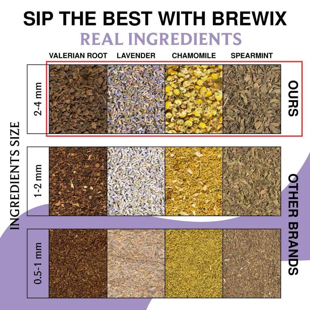BREWIX Valerian Comfort Tea root chamomile blend closeup highlighting soothing herbs