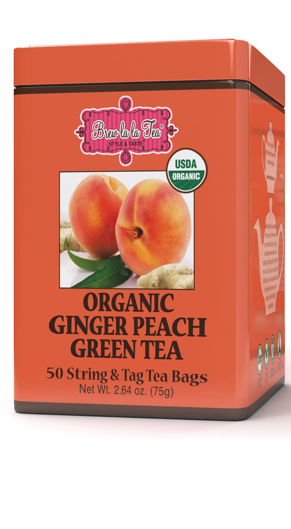 Brew La La Green Tea ginger-peach cup with soothing aroma.