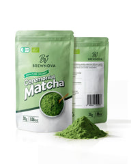 Brewnova matcha packaging front signaling premium ceremonial quality for daily rituals