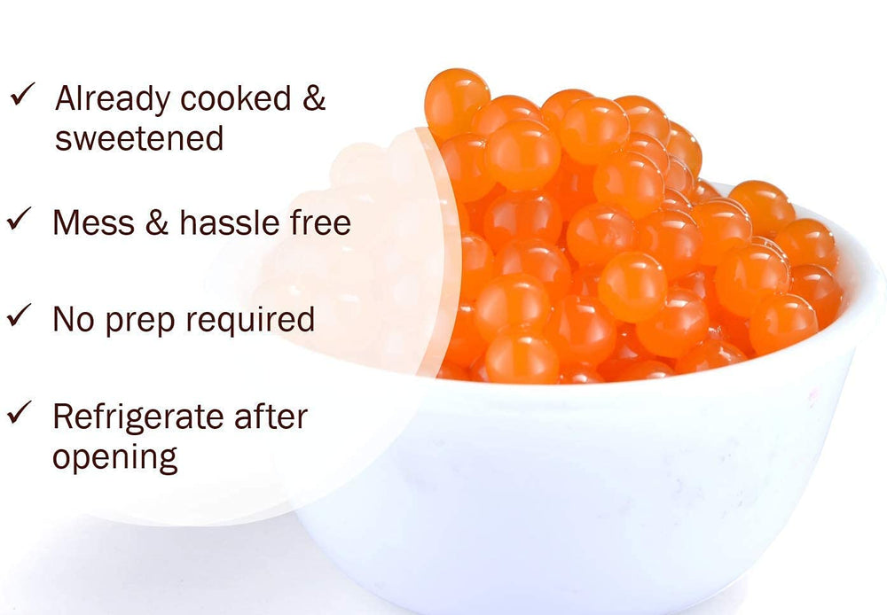 Closeup of BREXONIC bursting boba pearls showing translucent liquid center