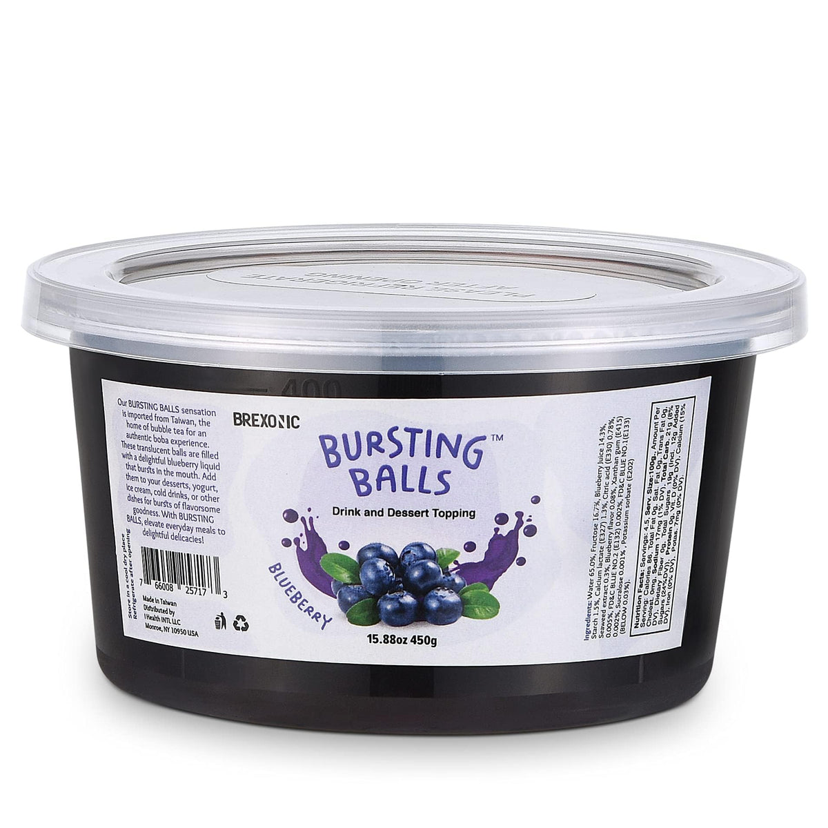 BREXONIC blueberry popping boba pearls close-up with fruity burst