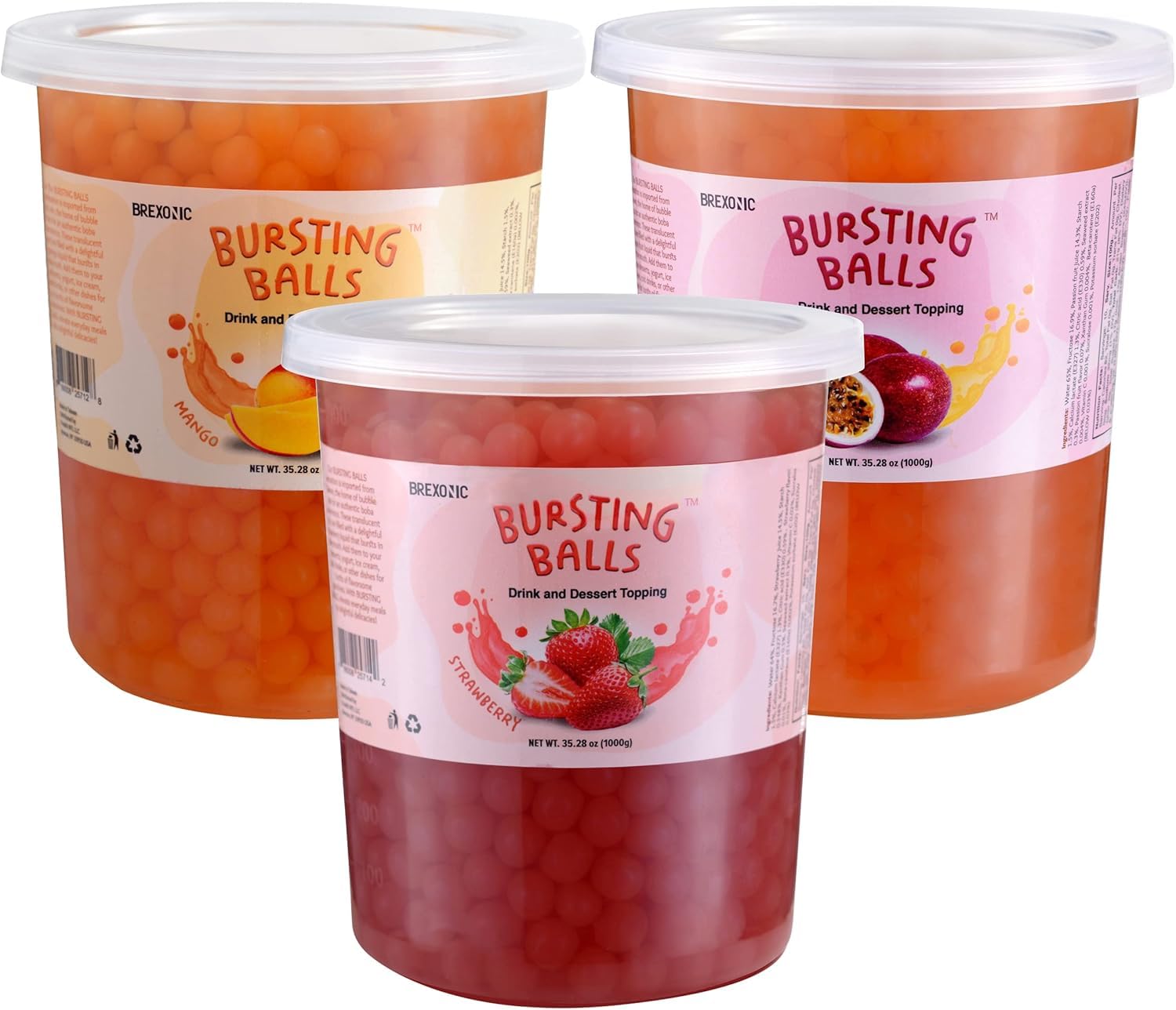 BREXONIC strawberry-mango popping boba tea balls bursting with fruity flavor for tea.