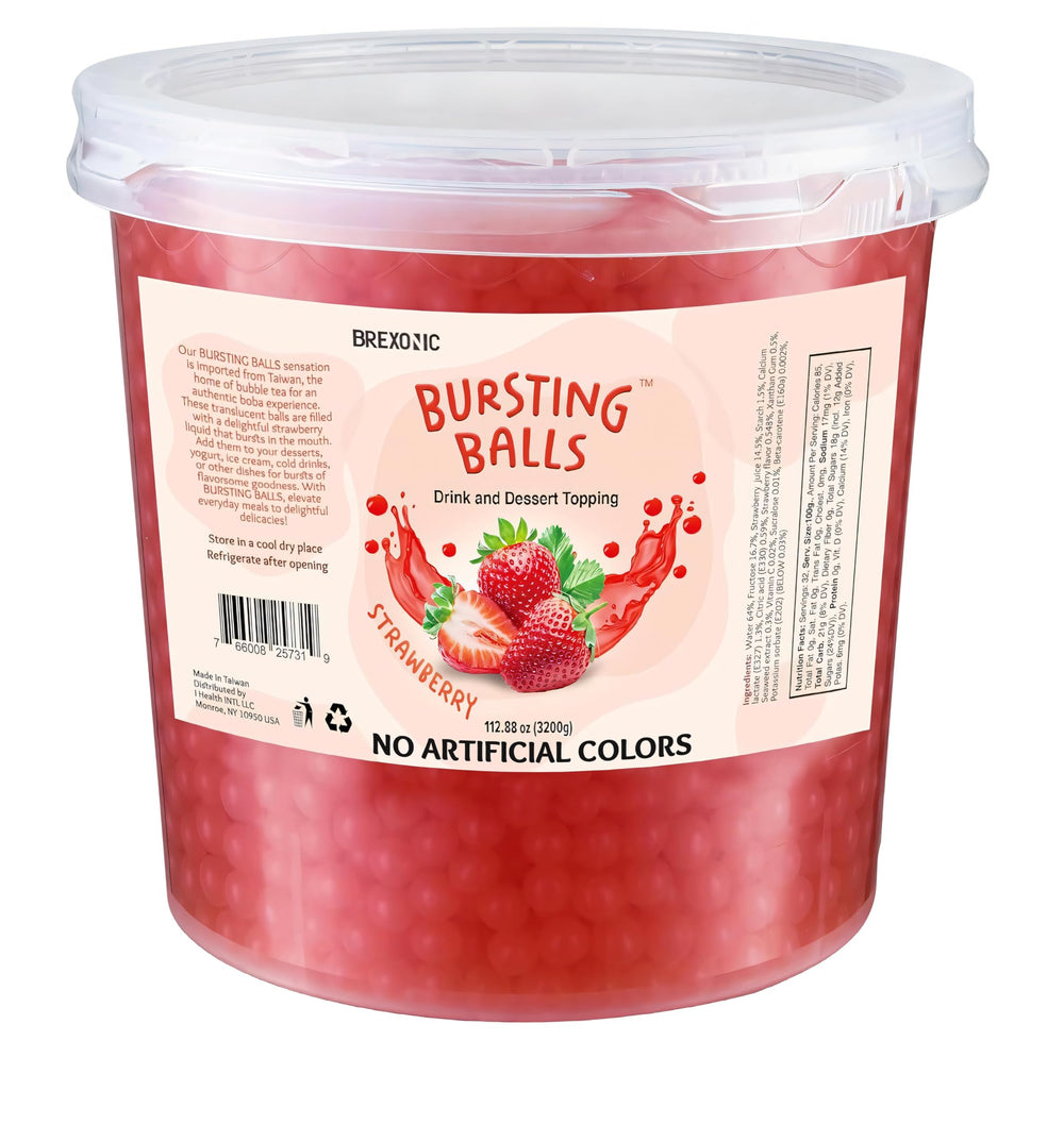 BREXONIC strawberry popping boba pearls close-up showing bursting fruity juice.