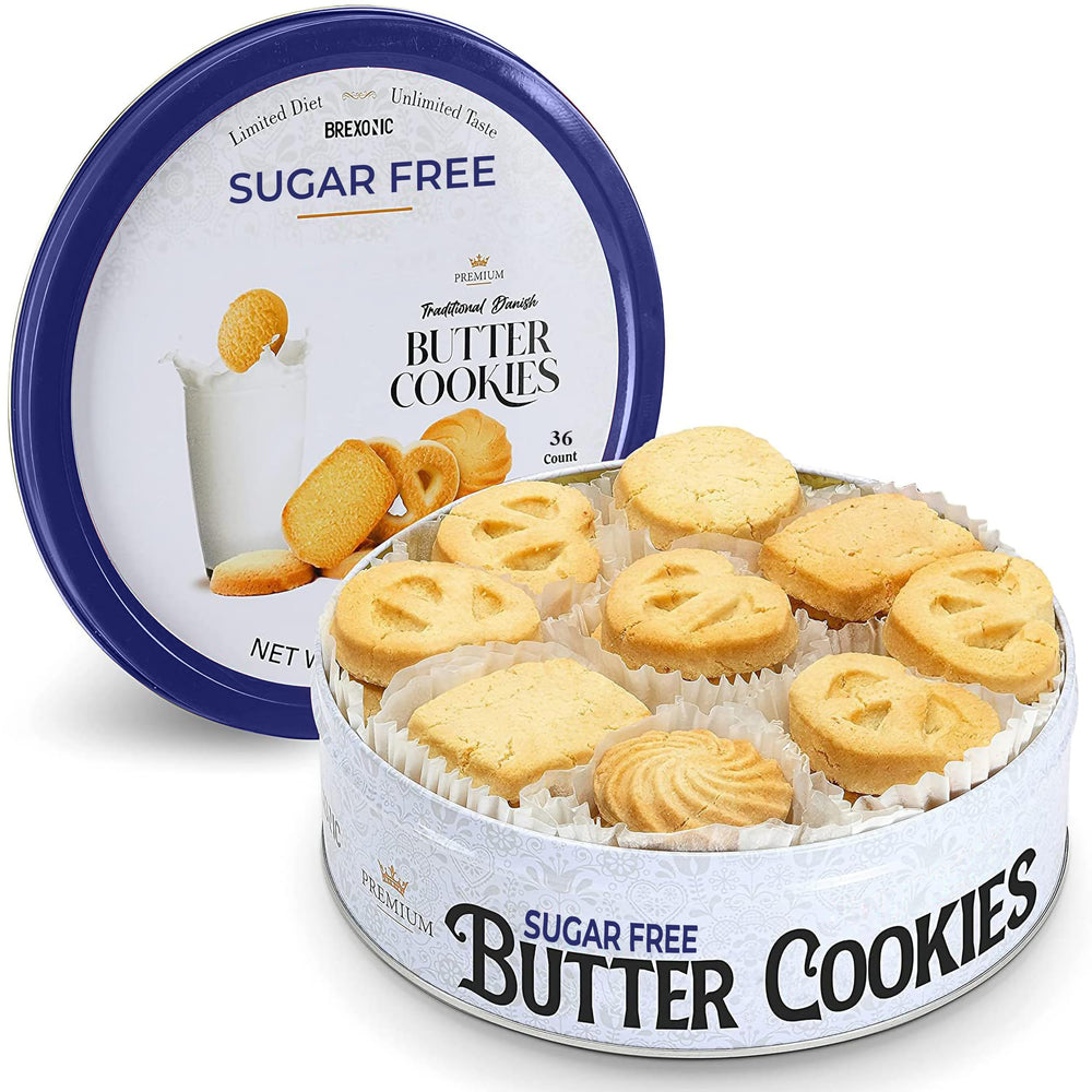 BREXONIC Sugar Free Butter Cookies in round tin, an elegant gift presentation