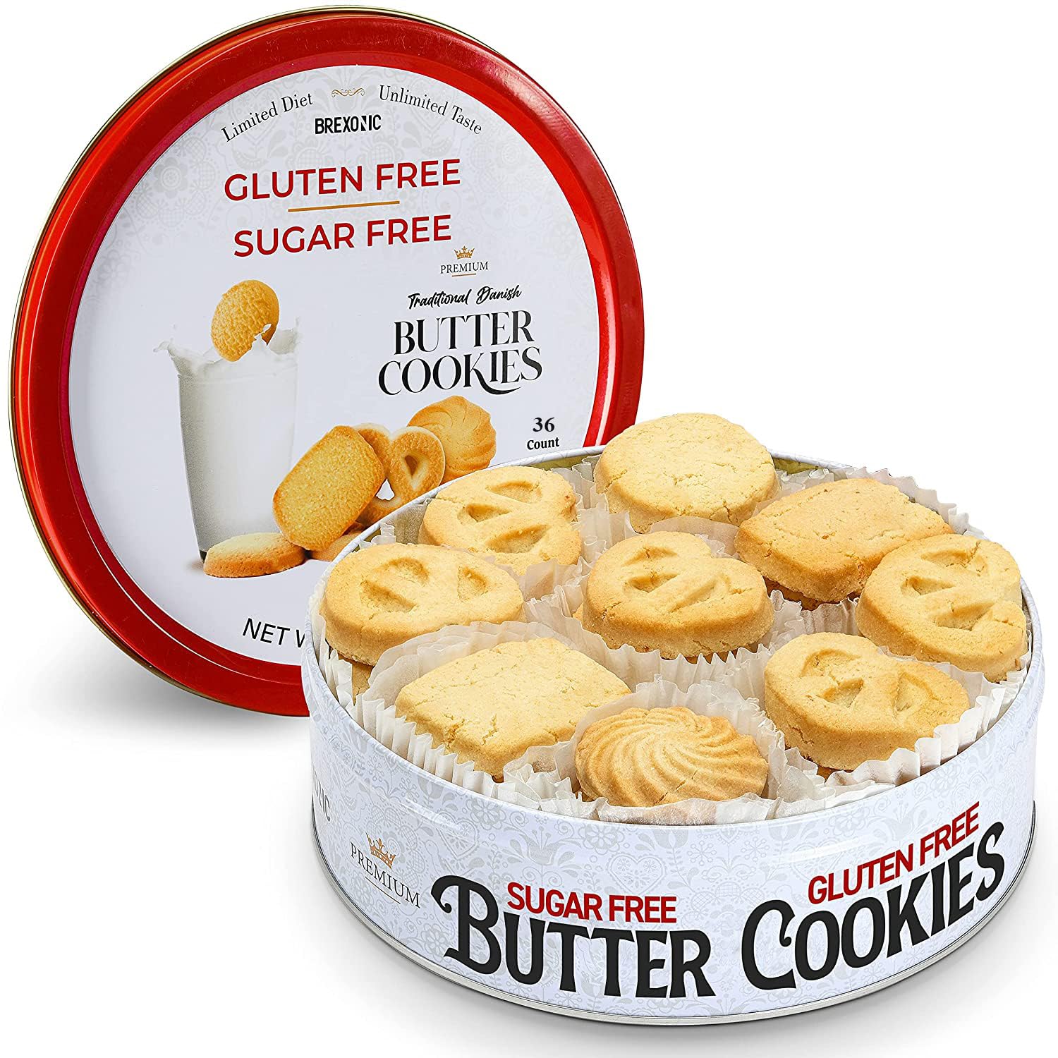 BREXONIC gluten-free sugar-free butter cookies in a tin for guilt-free snacking