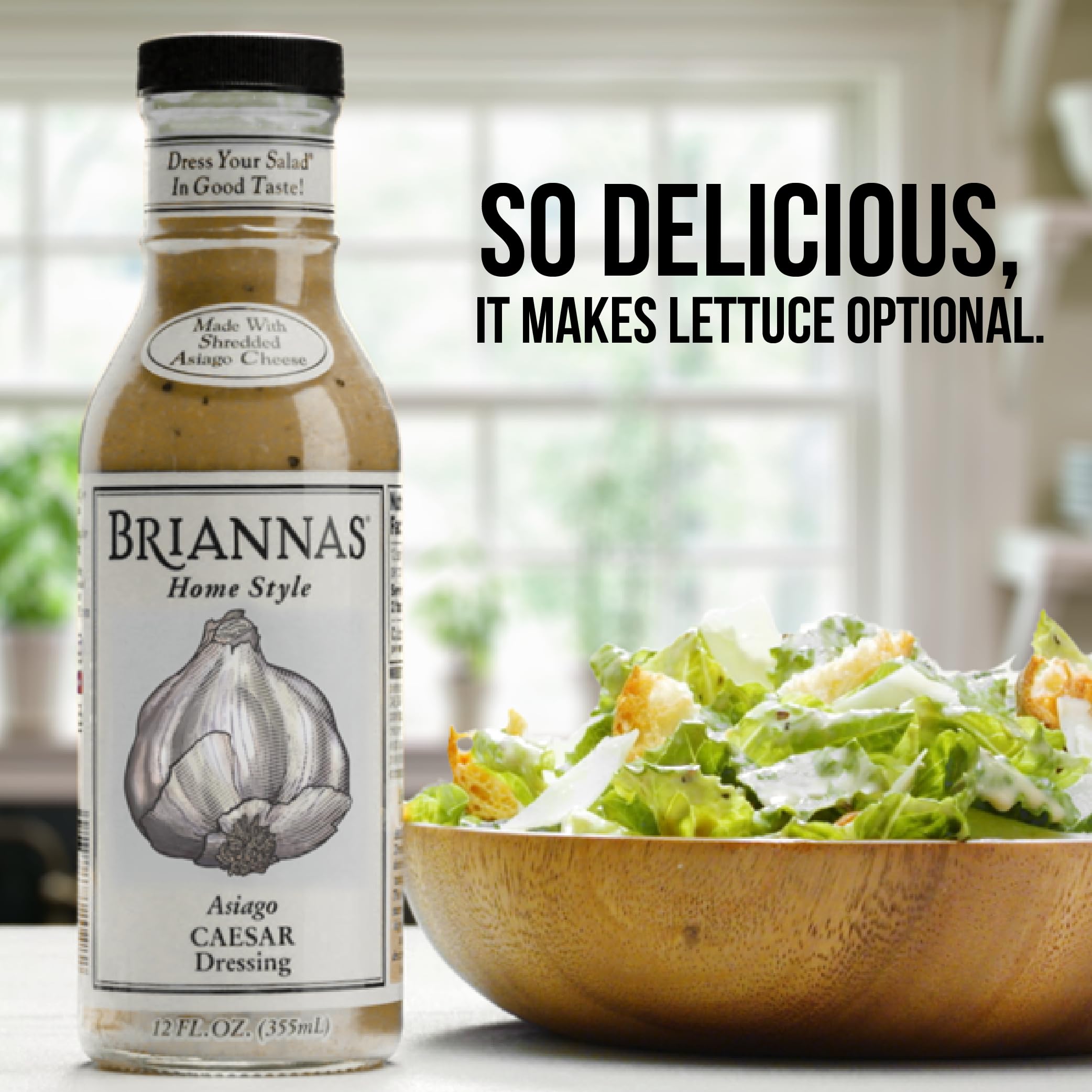 BRIANNAS Asiago Caesar dressing pouring lid enables easy, controlled serving.