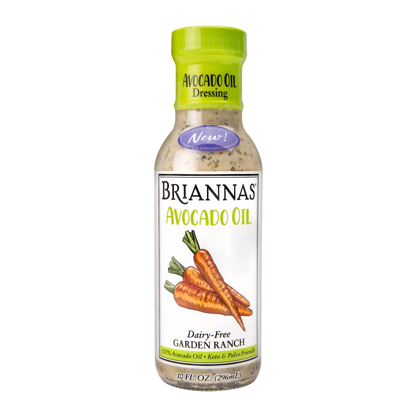 BRIANNAS Avocado Oil Garden Ranch bottle shows creamy, dairy-free dressing for veggies