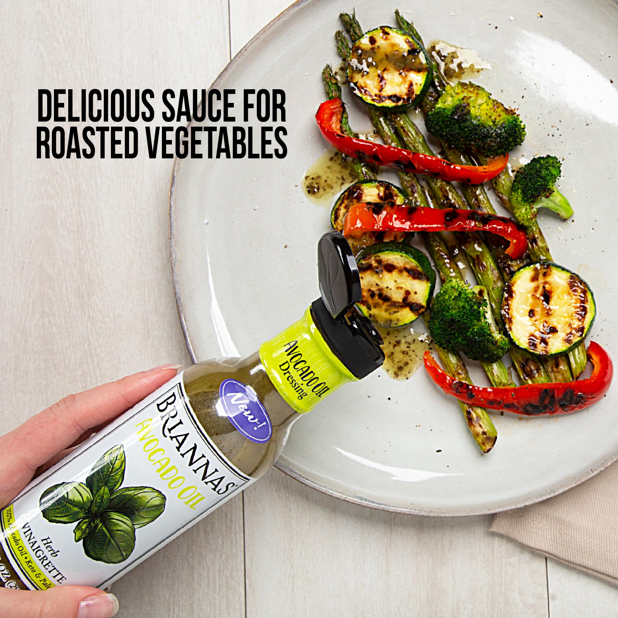 Label close-up of BRIANNAS Avocado Oil Herb Vinaigrette highlighting gluten-free and paleo-friendly profile