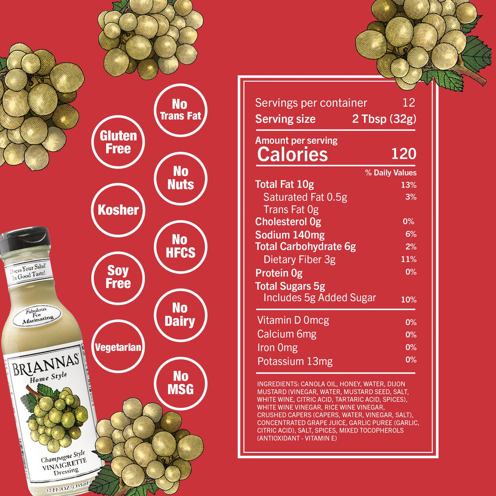 BRIANNAS Champagne Vinaigrette in a salad bowl pairs with proteins for balance.