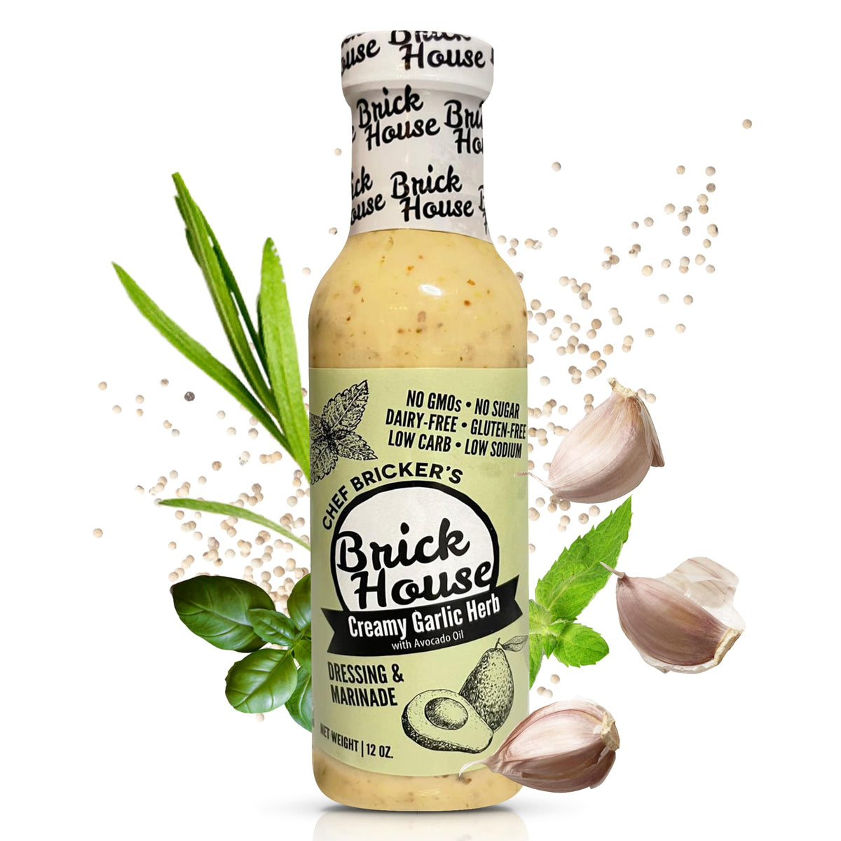 Brick House Creamy Garlic Herb Vinaigrette bottle front, dairy-free and keto-friendly dressing option.