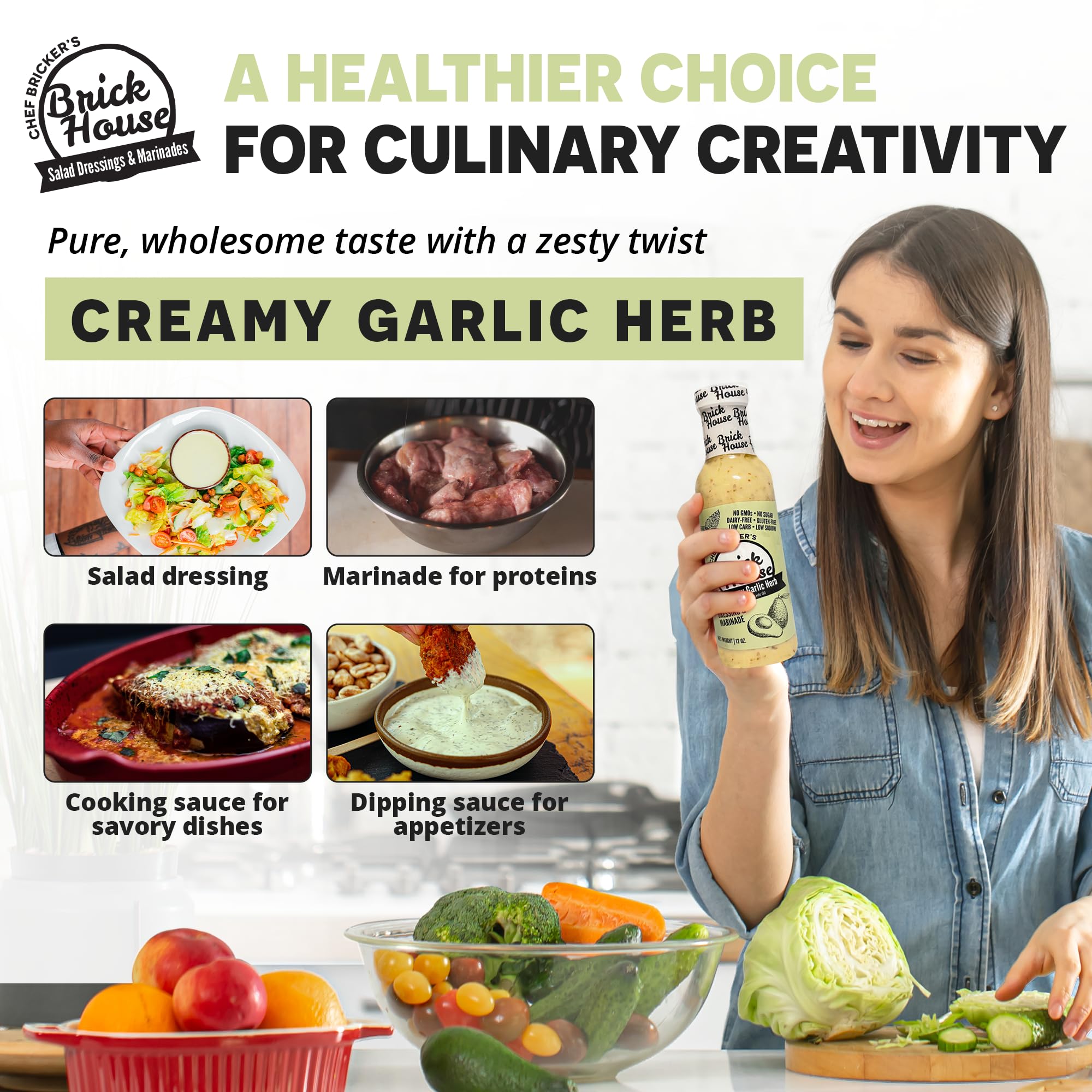 Brick House Creamy Garlic Herb Vinaigrette glass bottle emphasizes avocado oil base.