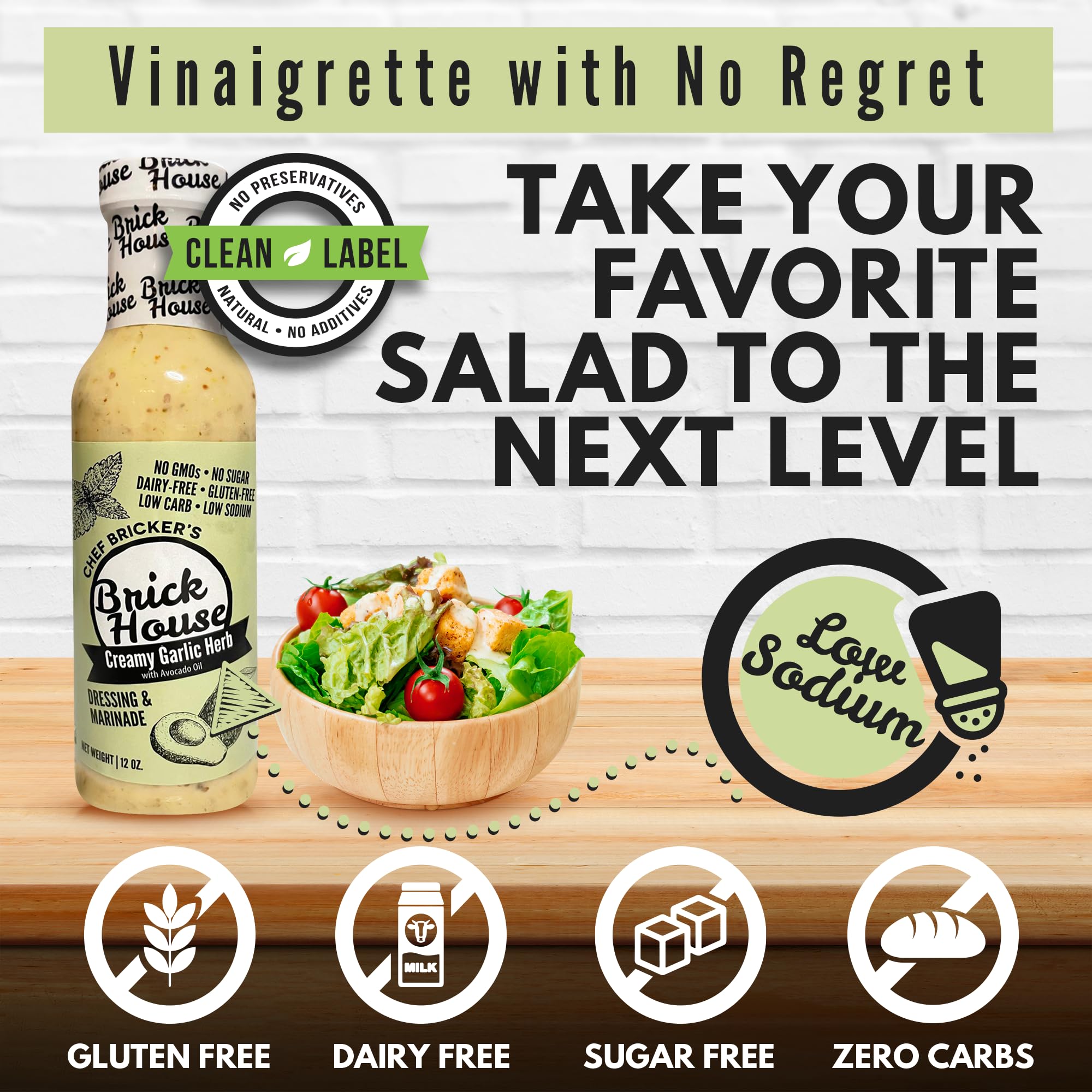 Brick House Creamy Garlic Herb Vinaigrette ingredients panel highlights clean, non-GMO, gluten-free formulation.