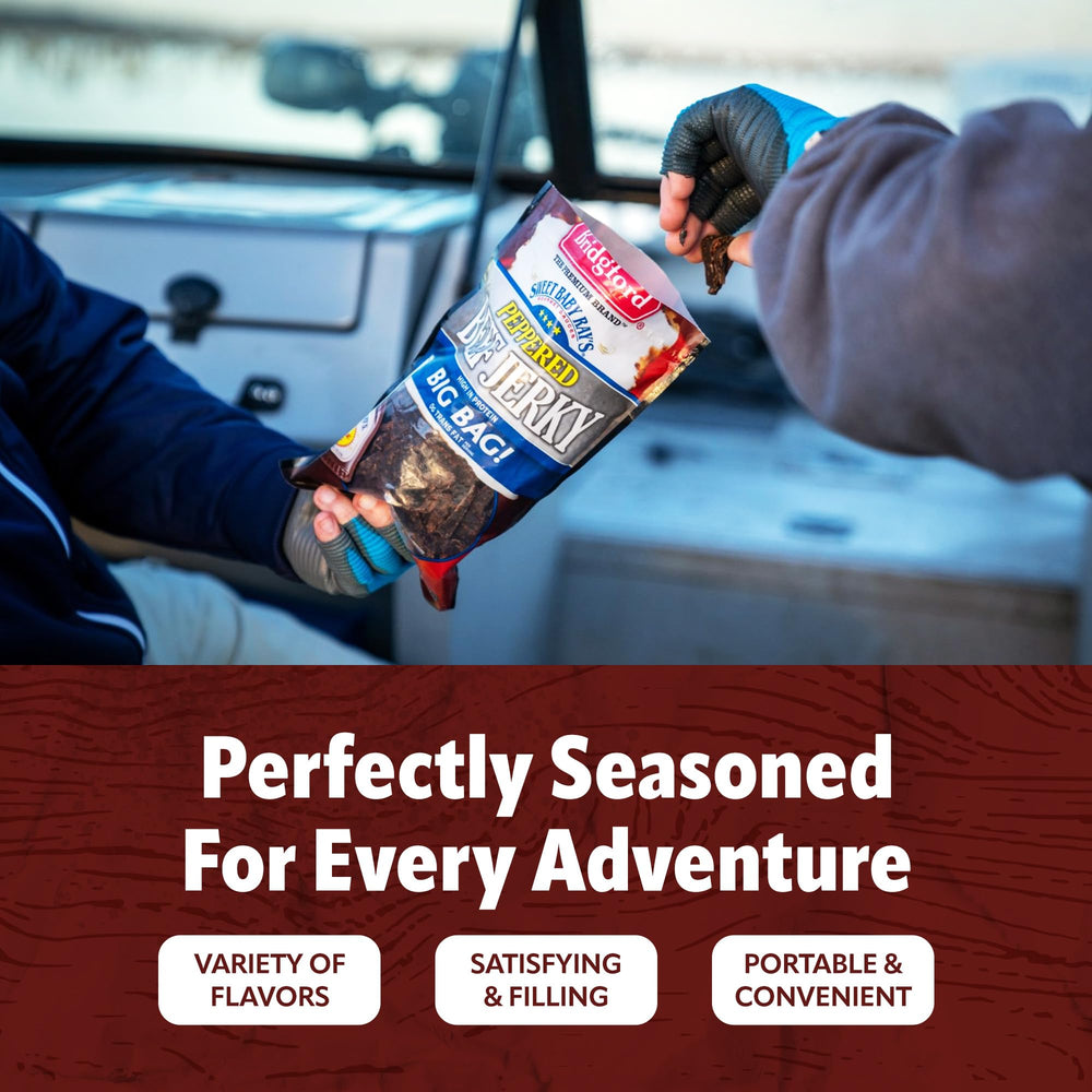 On-the-go Bridgford beef jerky, a convenient healthy snack for travel and workouts.