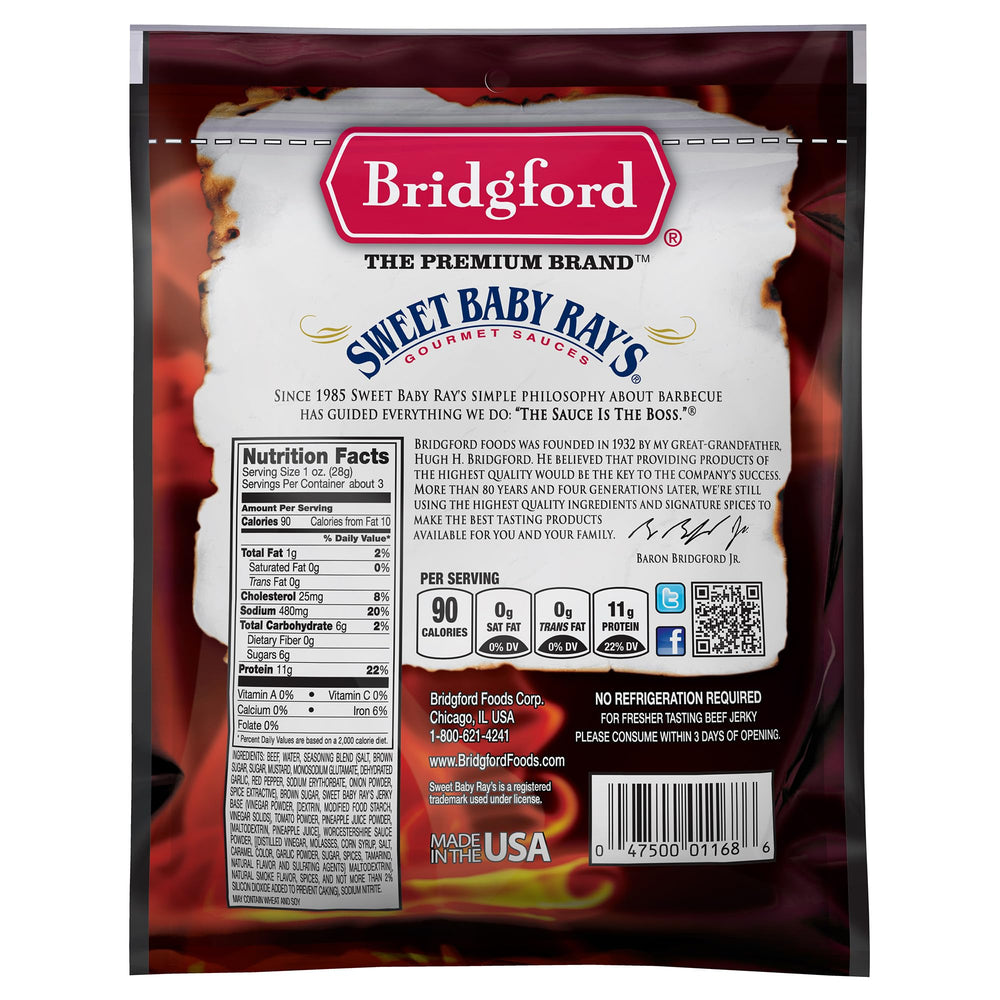 Tender texture of Bridgford jerky showing slow-cooked quality for savory snacking.
