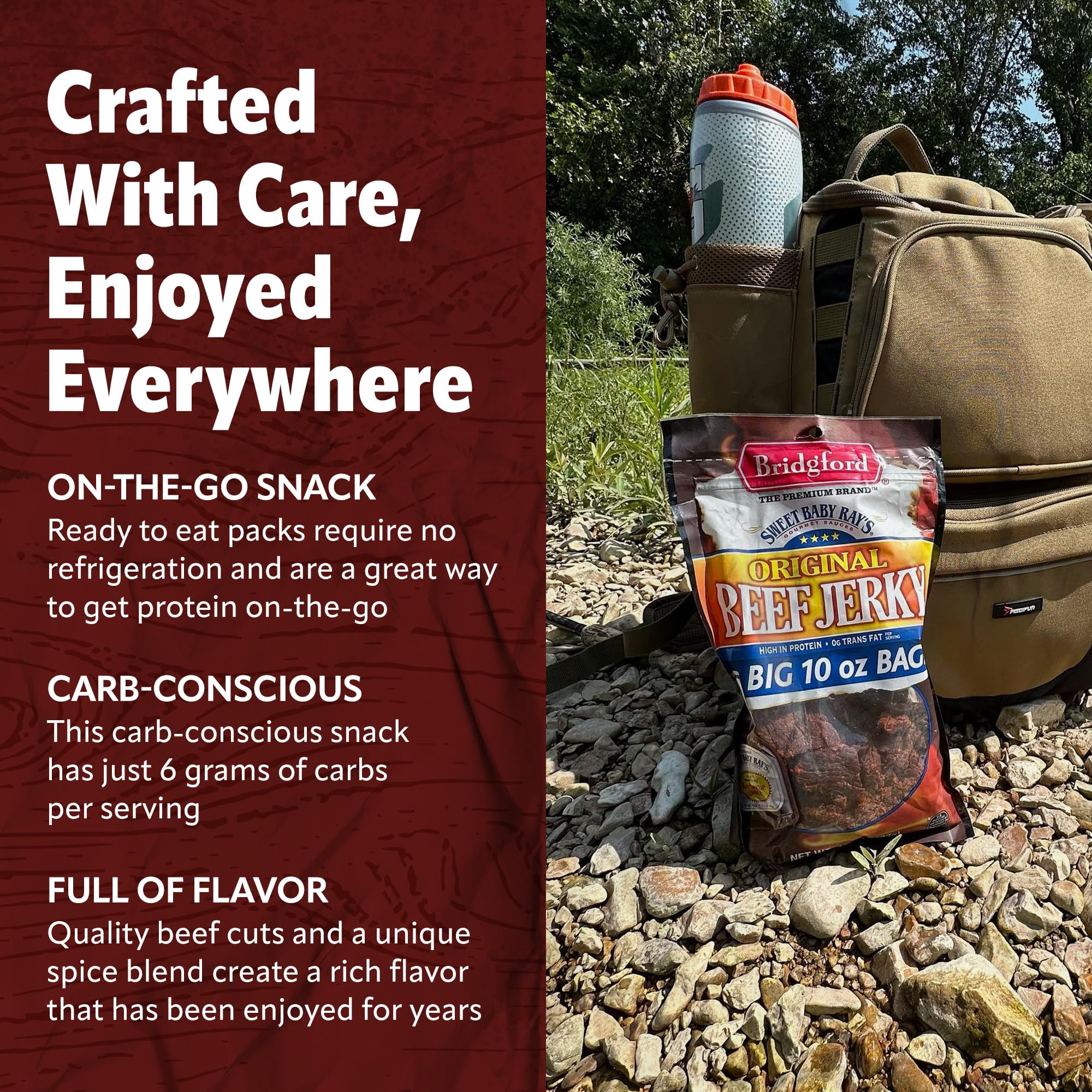 Trusted Bridgford brand flavor, now in Sweet Baby Ray’s beef jerky product.