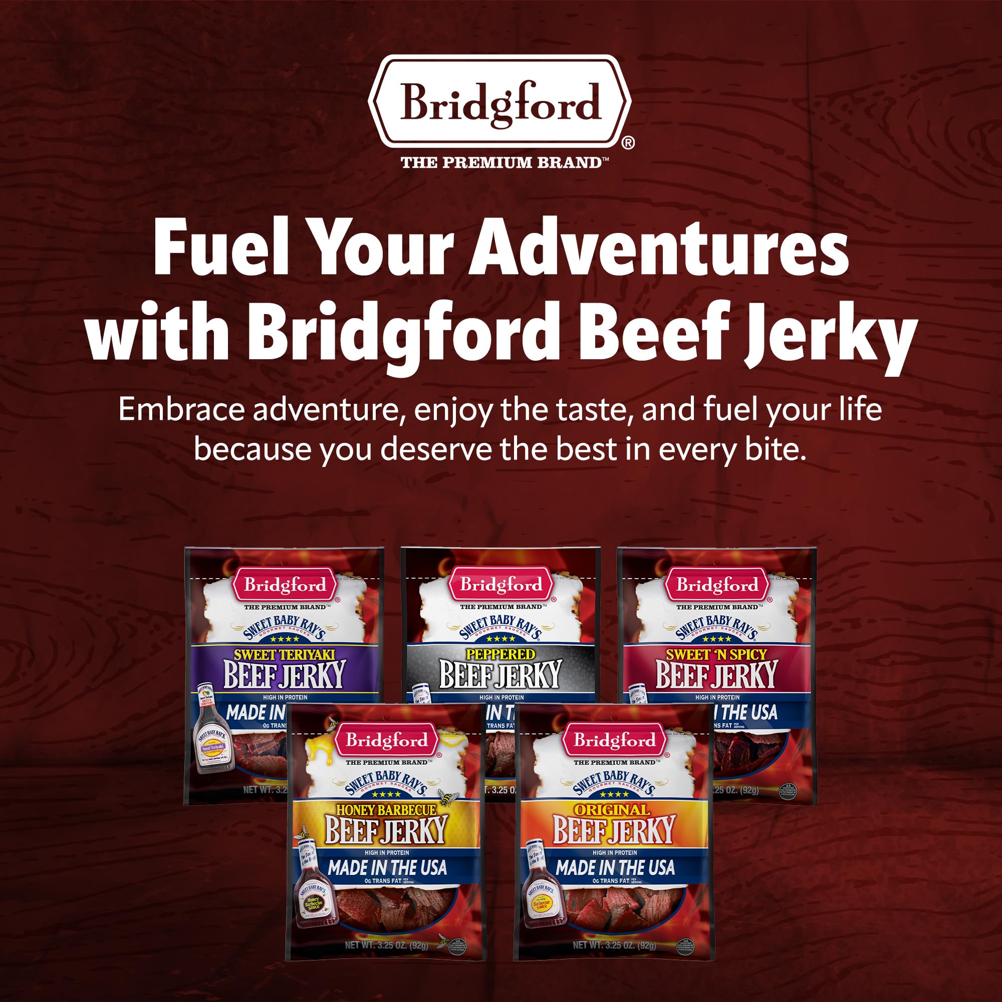 Ready-to-eat Bridgford jerky ideal for gym bags and desk drawers.