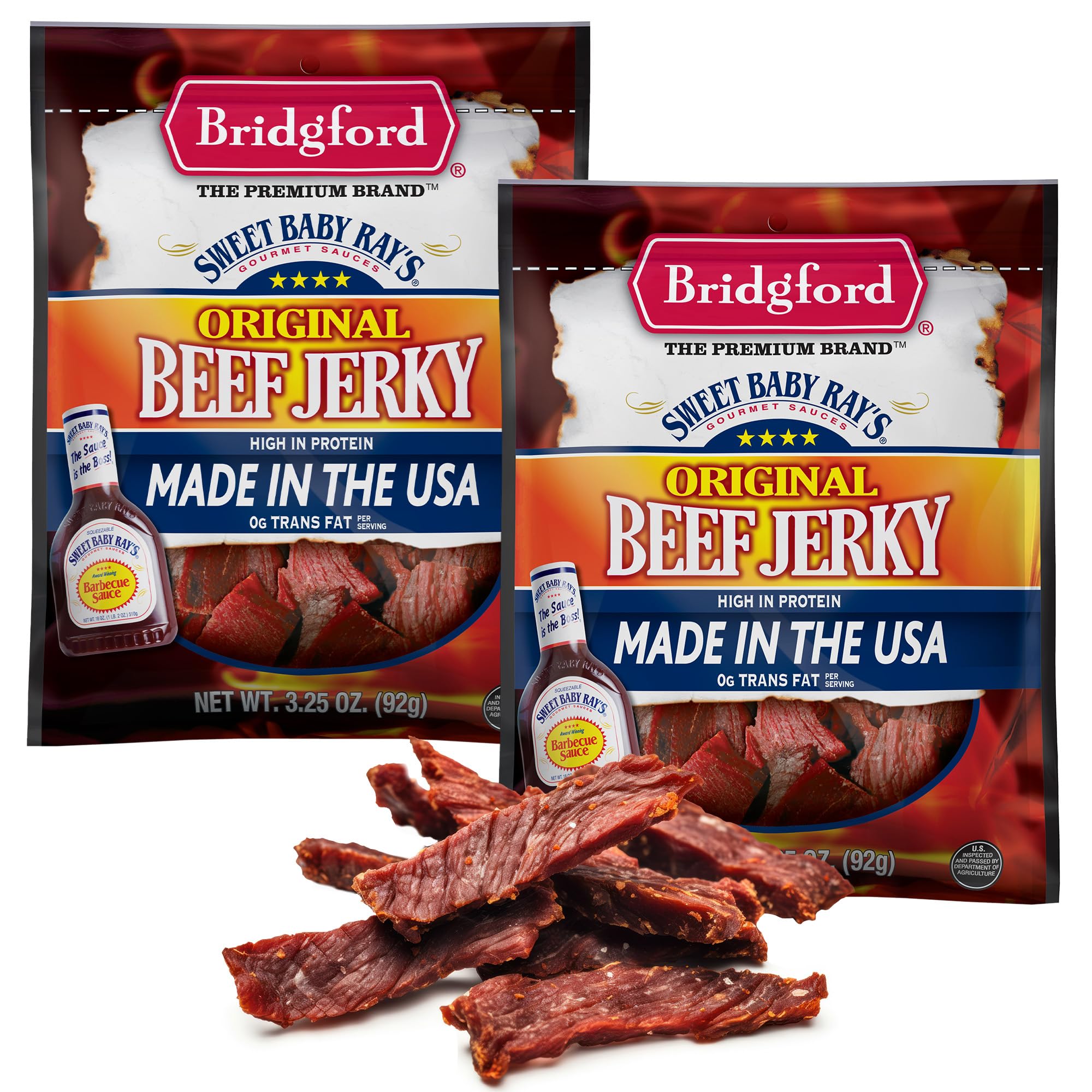 Bridgford Sweet Baby Ray’s original beef jerky 3.25 oz pack ready for on-the-go protein.