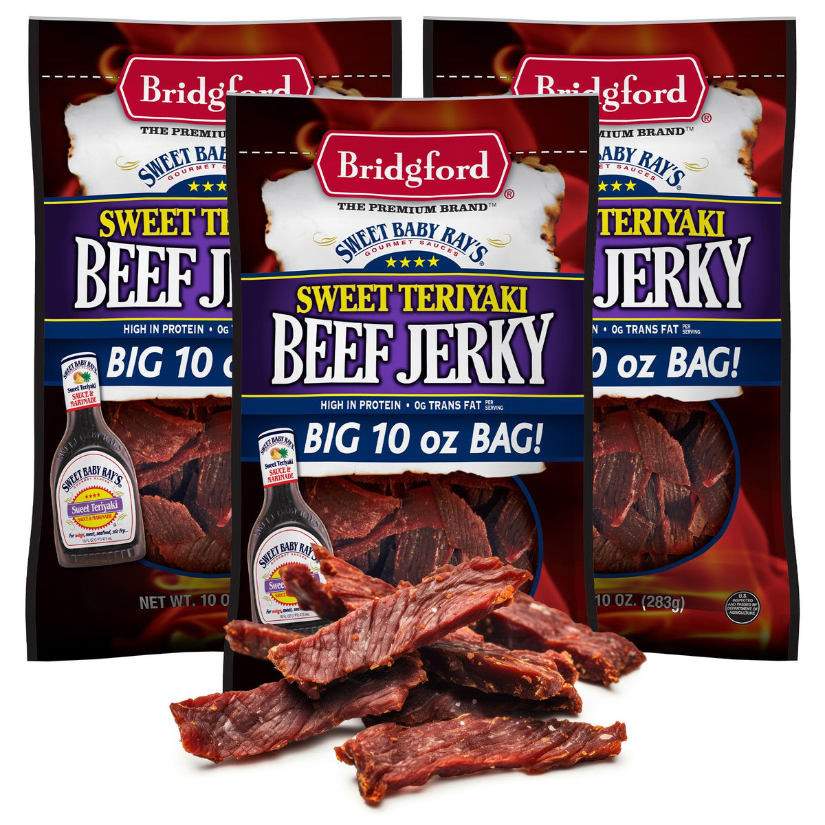 Bridgford Sweet Baby Ray's beef jerky 3-pack box for on-the-go snacking