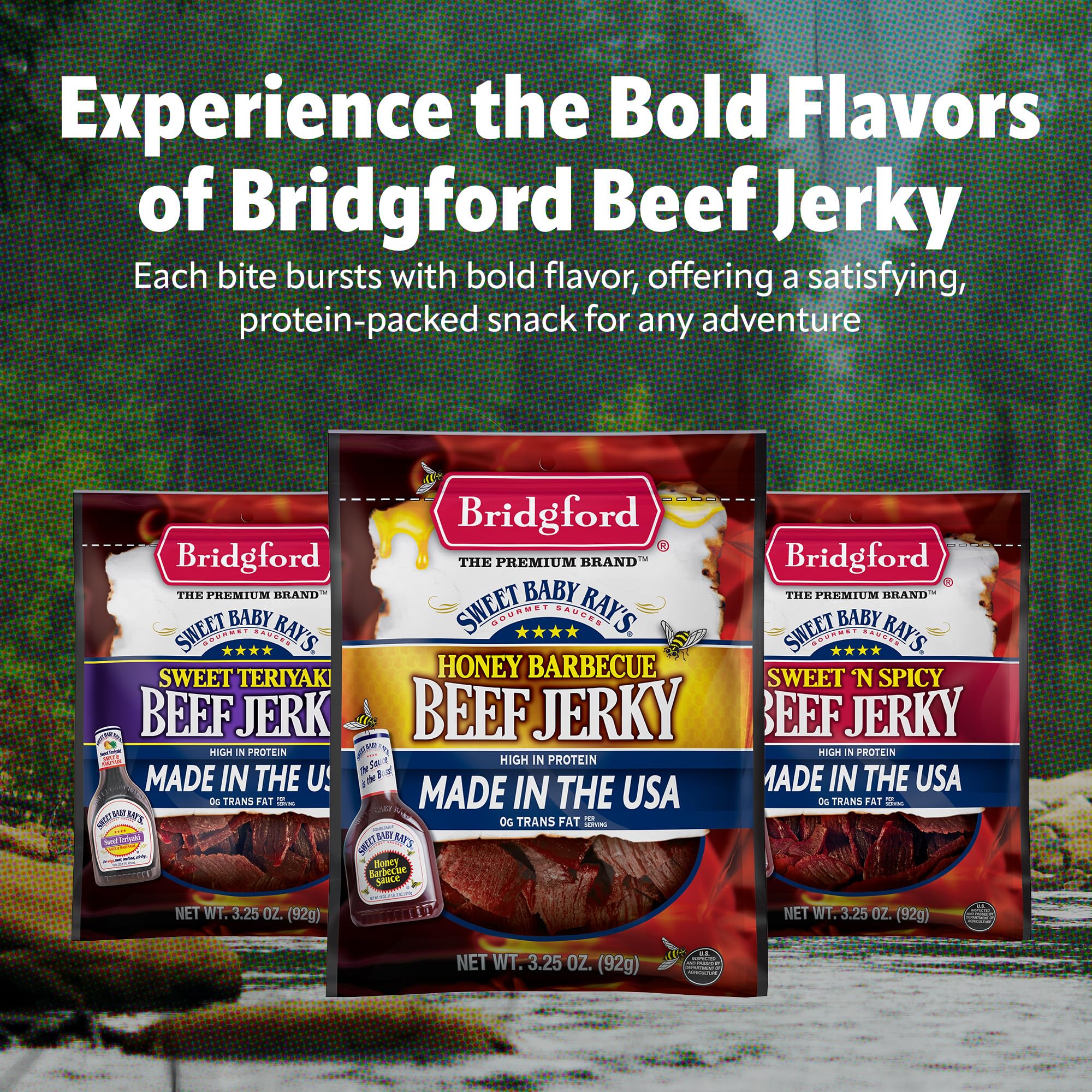 Bridgford jerky with Sweet Baby Ray’s signature spice delivering authentic barbecue flavor.