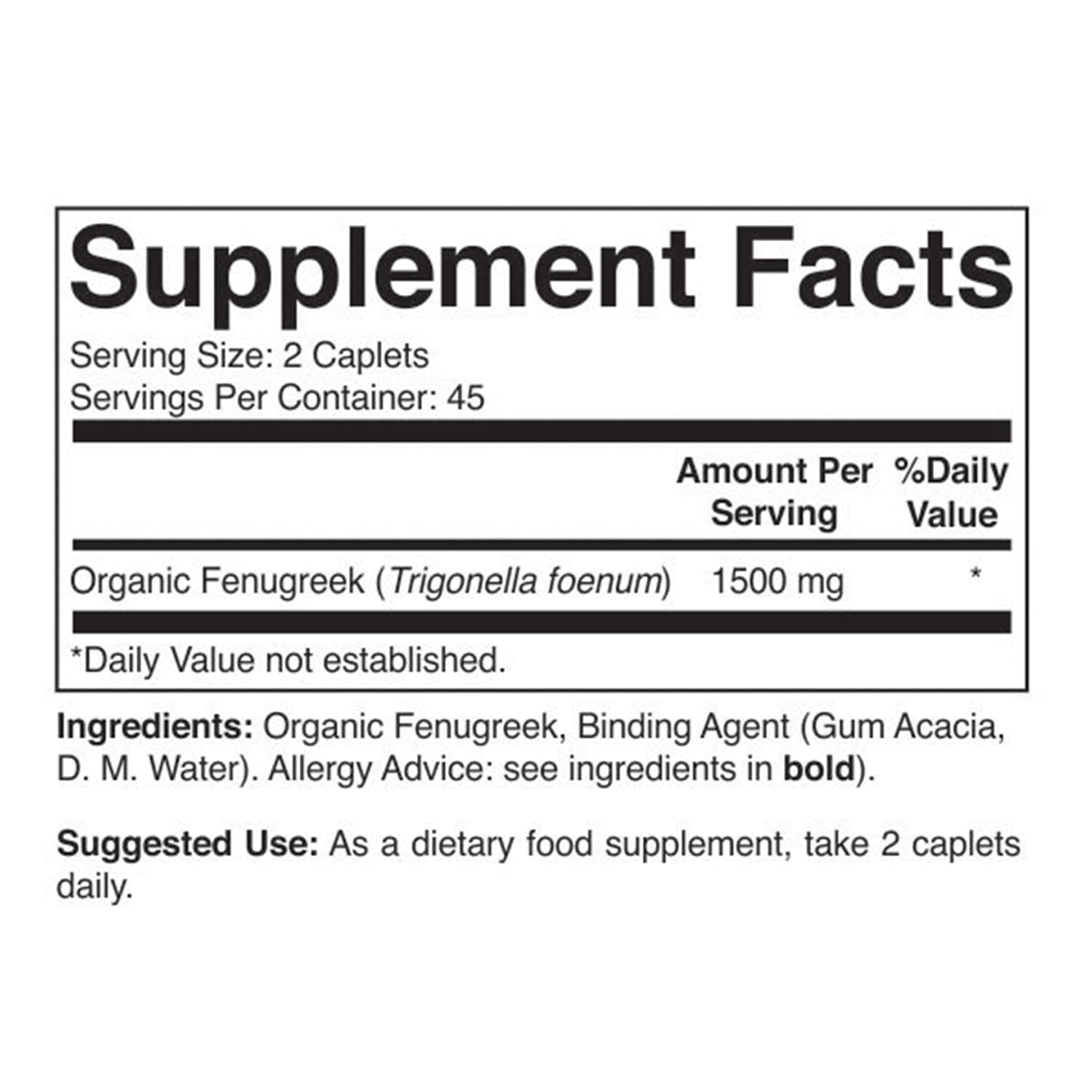 Brieofood Fenugreek serving-size tablet in gluten-free, organic formula.