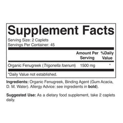 Brieofood Fenugreek serving-size tablet in gluten-free, organic formula.
