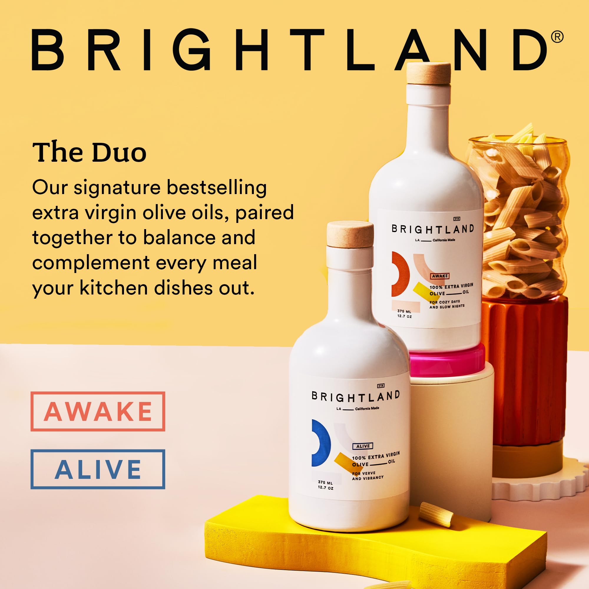 Brightland The Duo packaging with two UV-coated glass bottles