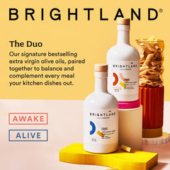 Brightland The Duo packaging with two UV-coated glass bottles