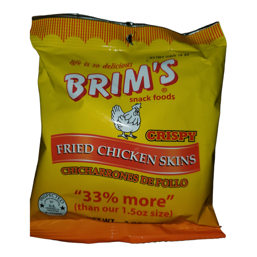 Brim's crispy fried chicken skins 2oz 3pk offer a crunchy, on-the-go snack.
