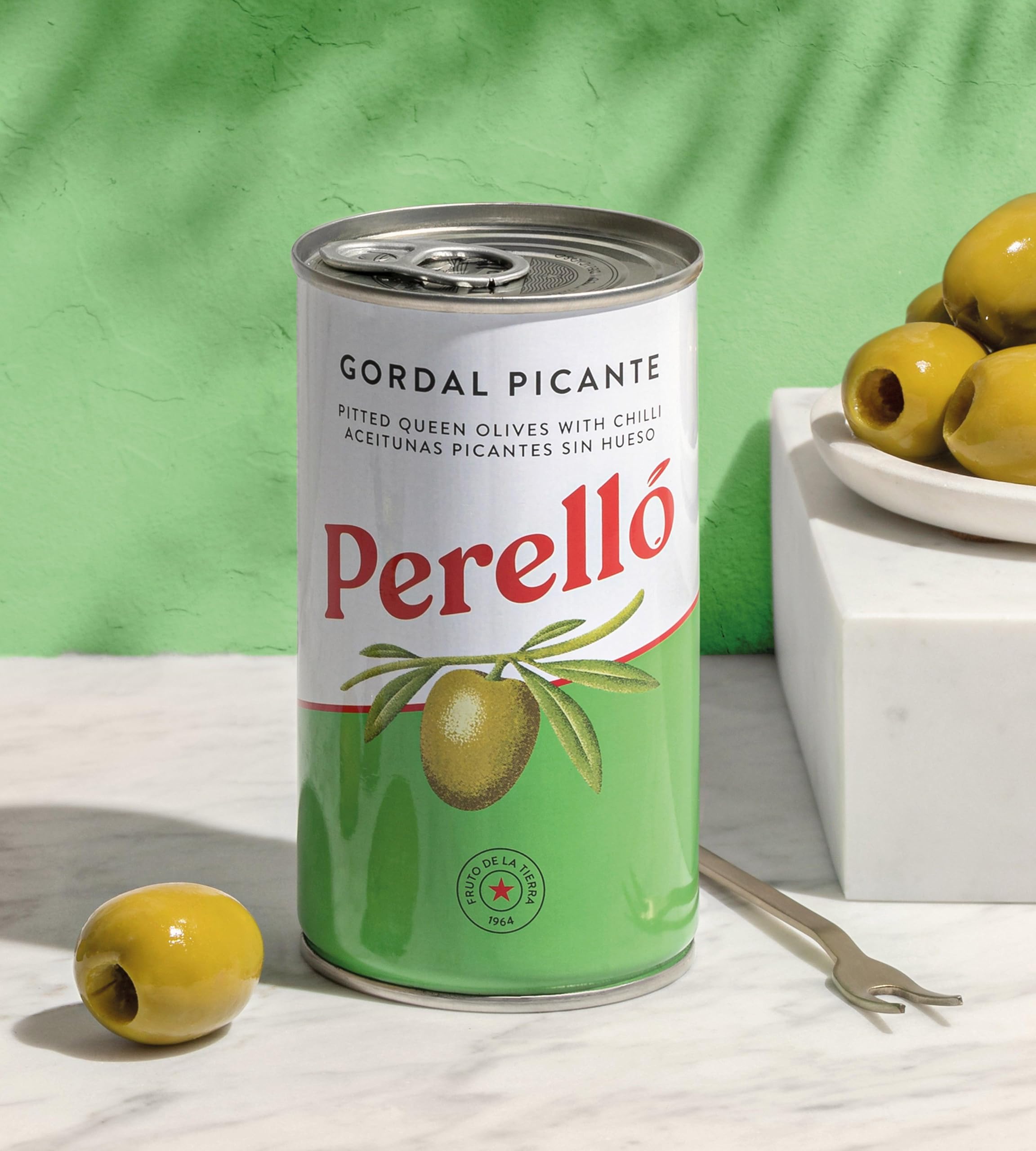 Brindisa Perello Gordal Olives 150g closeup, plump green olives ideal for antipasti