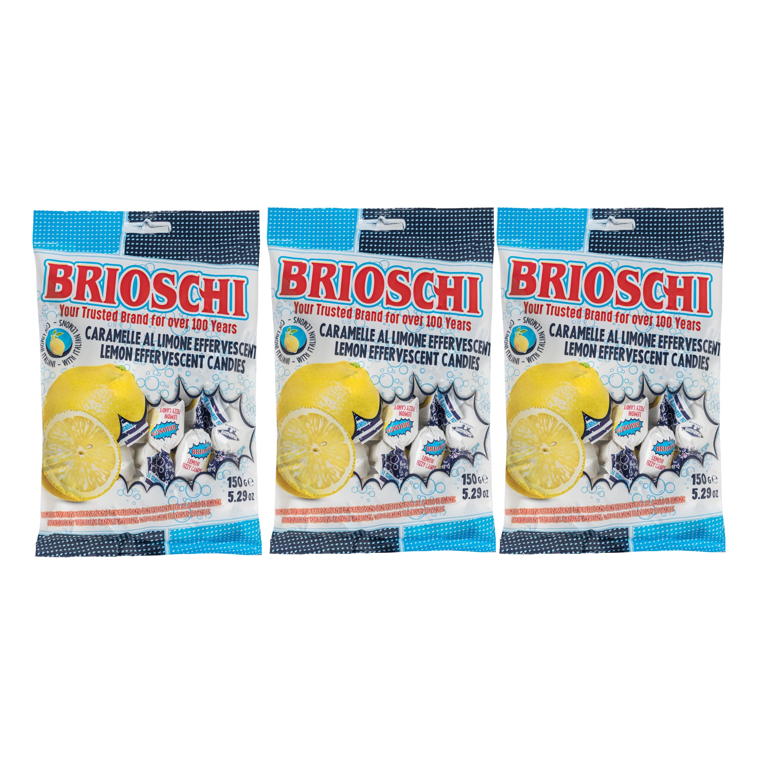 Brioschi lemon candies in a three-pack, a refreshing digestive treat on the go