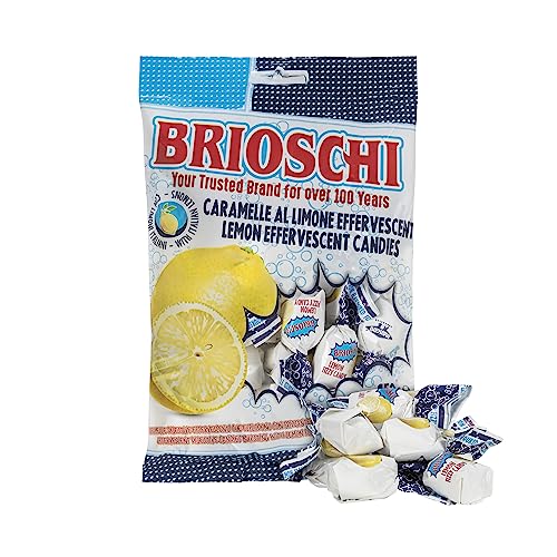 Single Brioschi lemon candy in bright wrapper, citrus aroma ready to enjoy