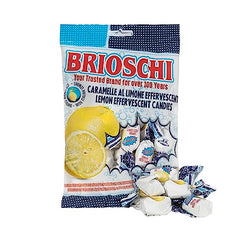 Brioschi lemon candy retail packaging highlighting Italian heritage and traditional recipe.