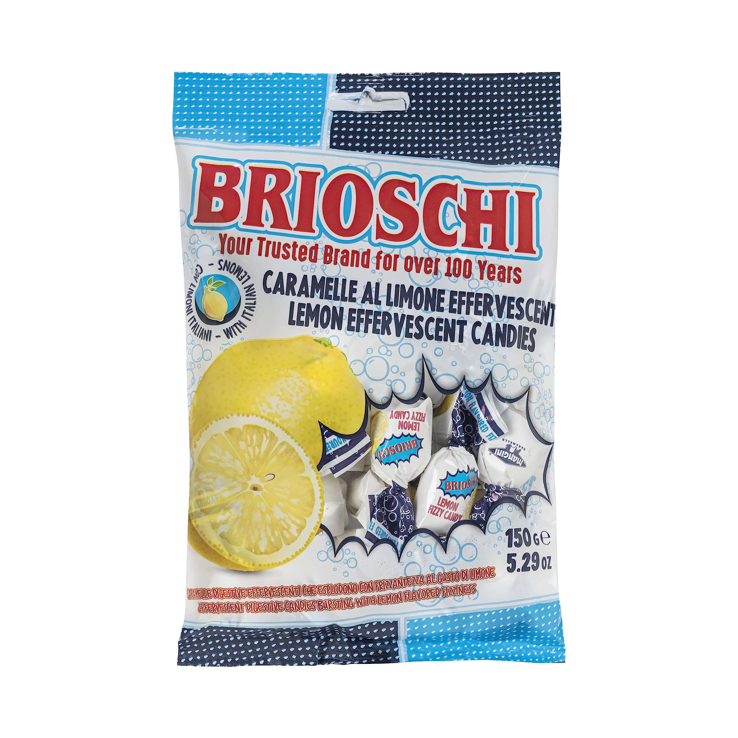 Brioschi lemon candy retail bag with fizz center, refreshing after meals.