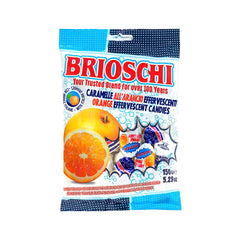 Brioschi orange candies retail bag showing the fizzy center and citrus appeal.