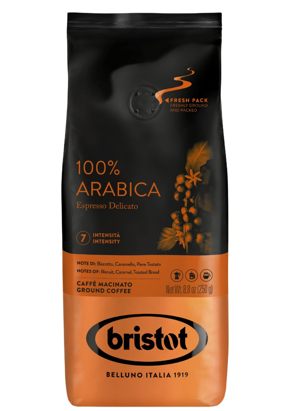 Bristot 100% Arabica Ground Coffee bag—premium beans for a smooth, aromatic brew.