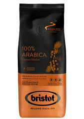 Bristot 100% Arabica Ground Coffee bag—premium beans for a smooth, aromatic brew.