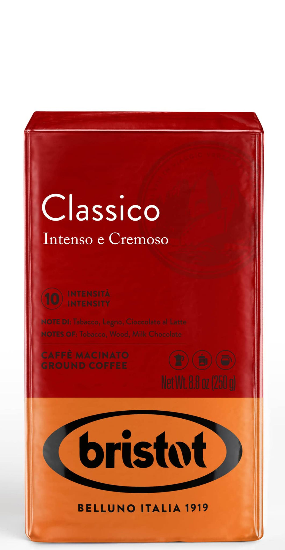 Bristot Classico ground espresso in a moka pot delivers bold aroma and smooth body.