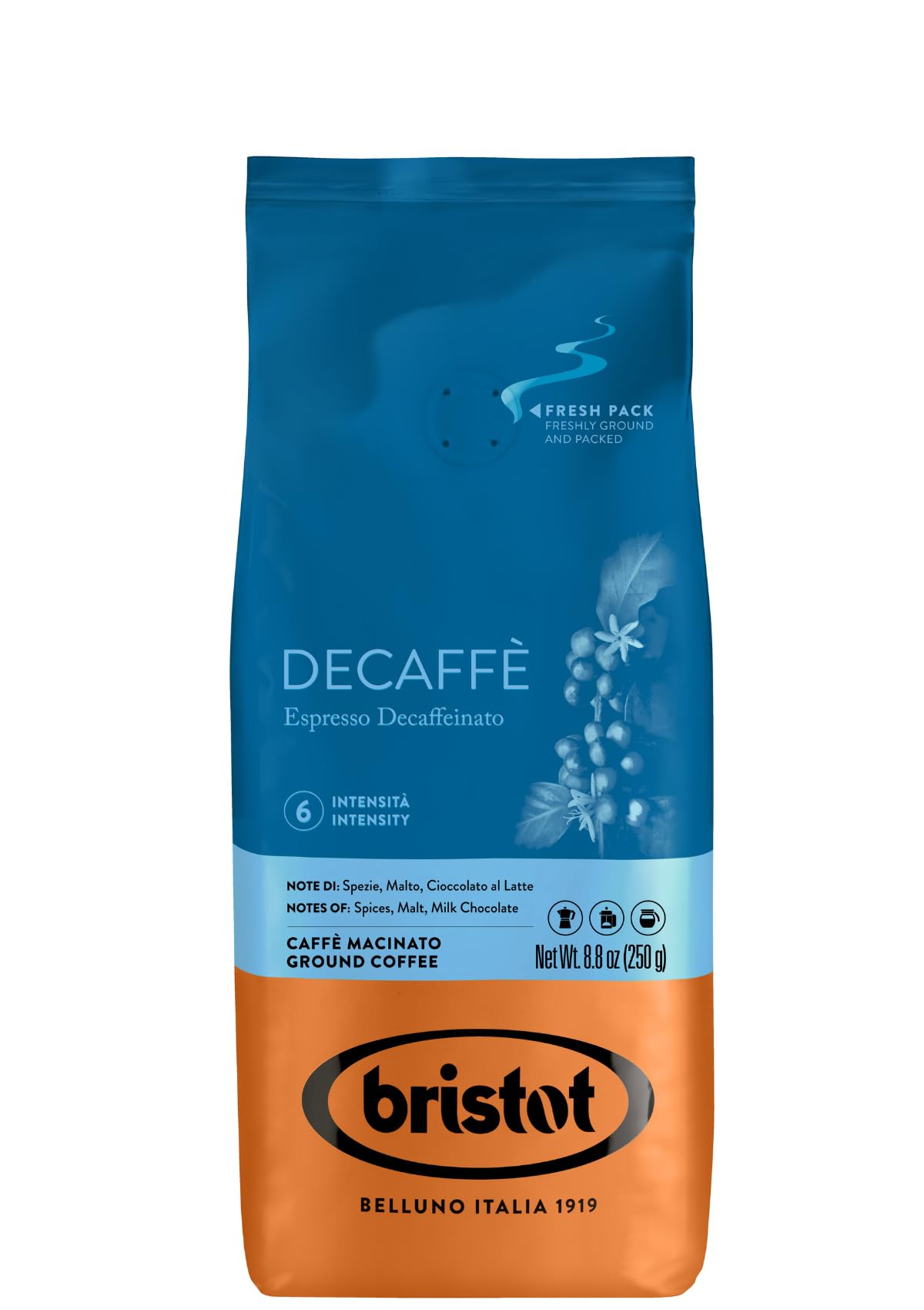 Bristot Decaf Ground Espresso packaging front for moka and espresso at home